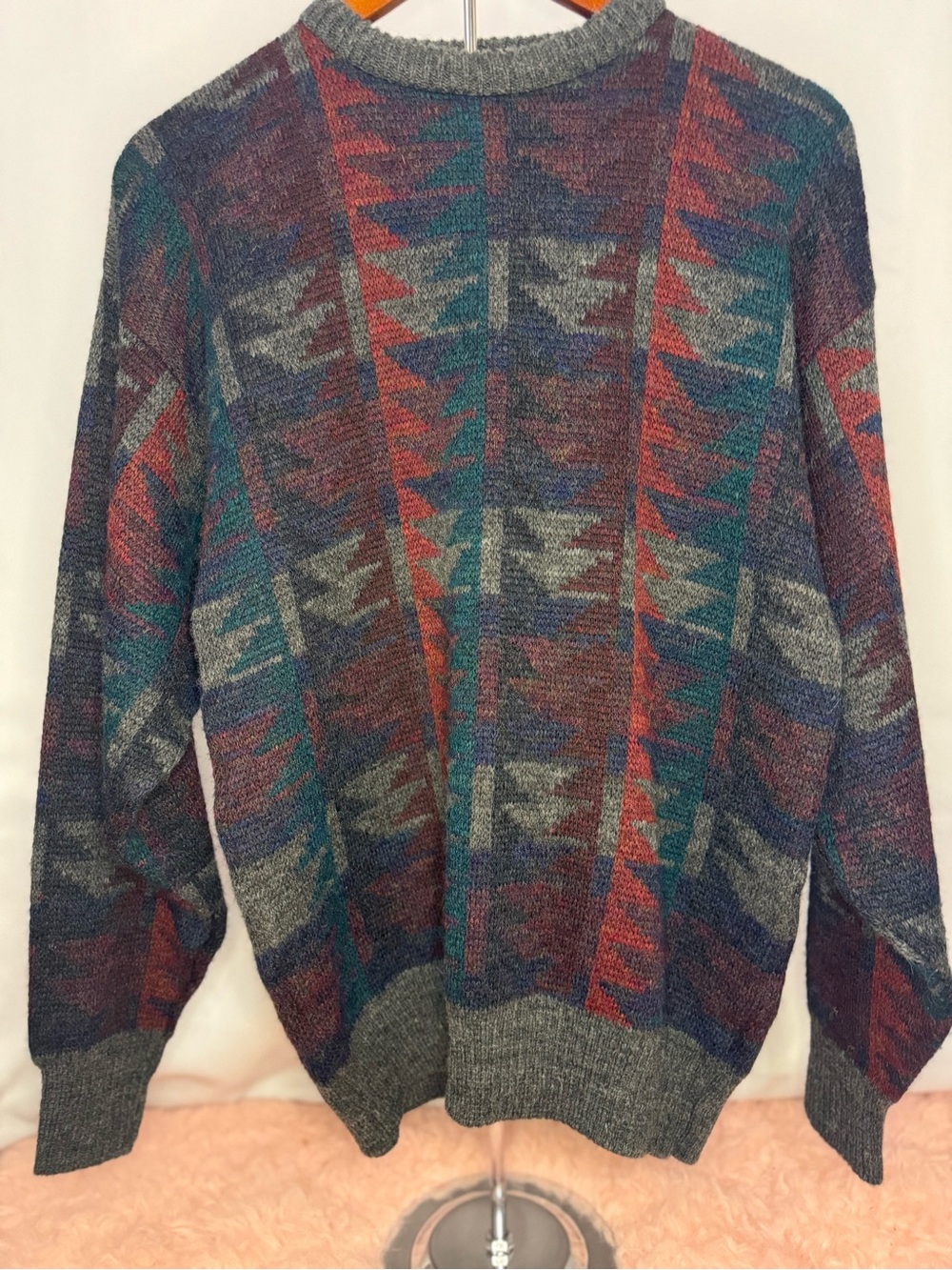 Vintage Knightsbridge - Men's Multicolor Geometric Crewneck Wool Sweater- Size L